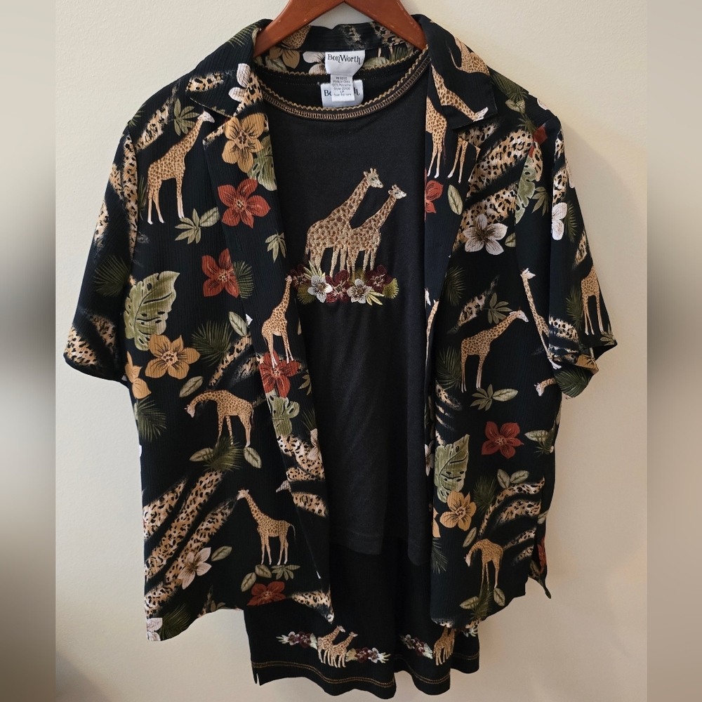 BonWorth Giraffe Print Black Shirt Crop Pant and Jacket Set